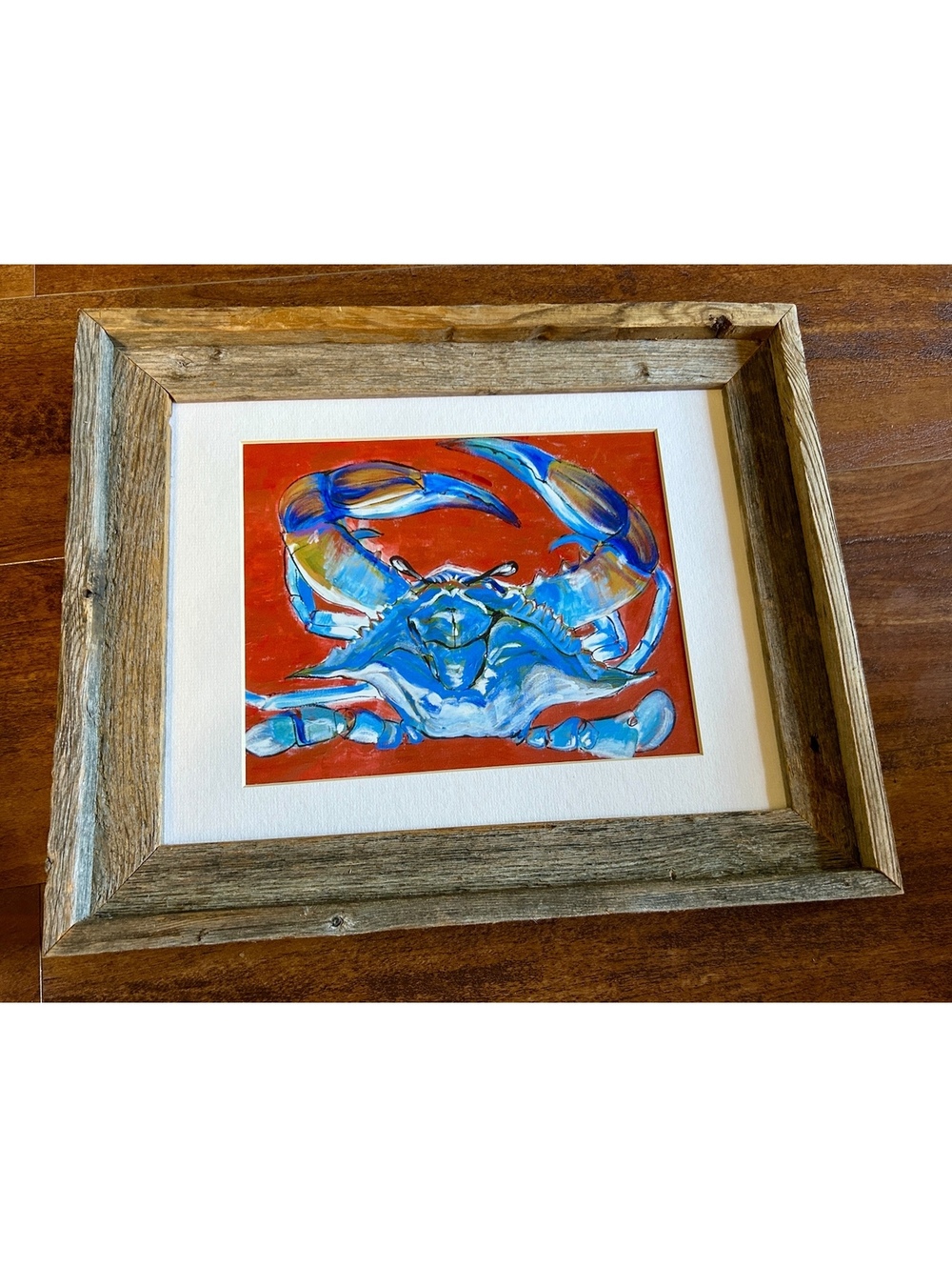 Framed Blue Crab Artwork with Rustic Wooden Frame